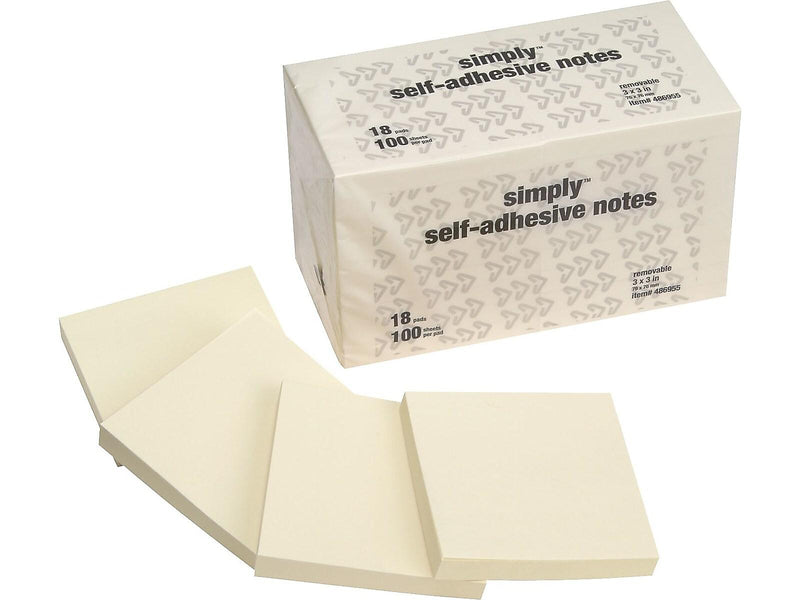 Simply Notes, 3" x 3", Yellow, 100 Sheet/Pad, 18 Pads/Pack (MMM654918PK)
