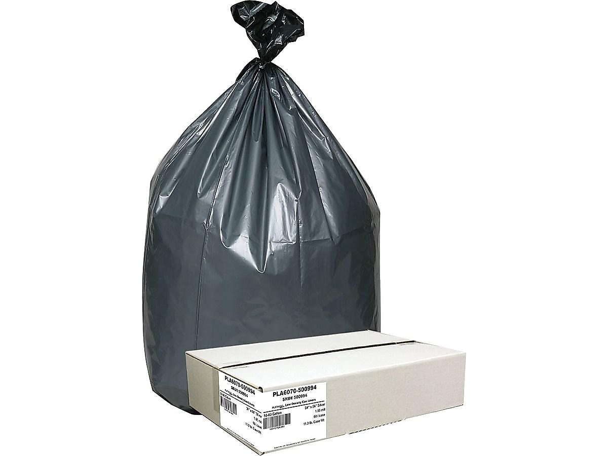 Berry Global Platinum Plus 60 Gallon Industrial Trash Bag, 39" x 56", Low Density, 1.55 mil, Gray, 50 Bags/Box (PLA6070)