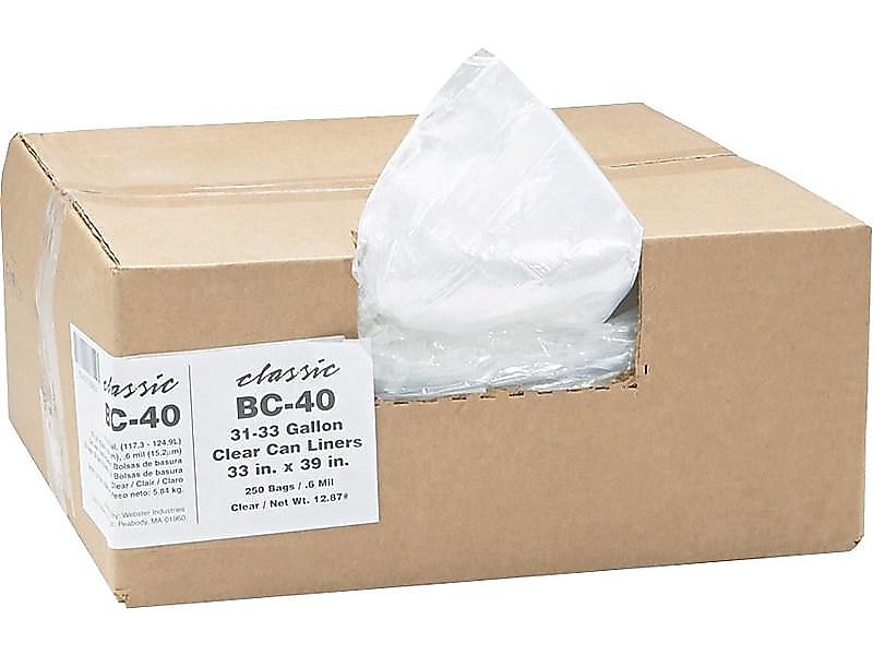 Berry Global Classic 33 Gallon Industrial Trash Bag, 33" x 39", Low Density, 0.6 mil, Clear, 250 Bags/Box (WEBBC40-538942)