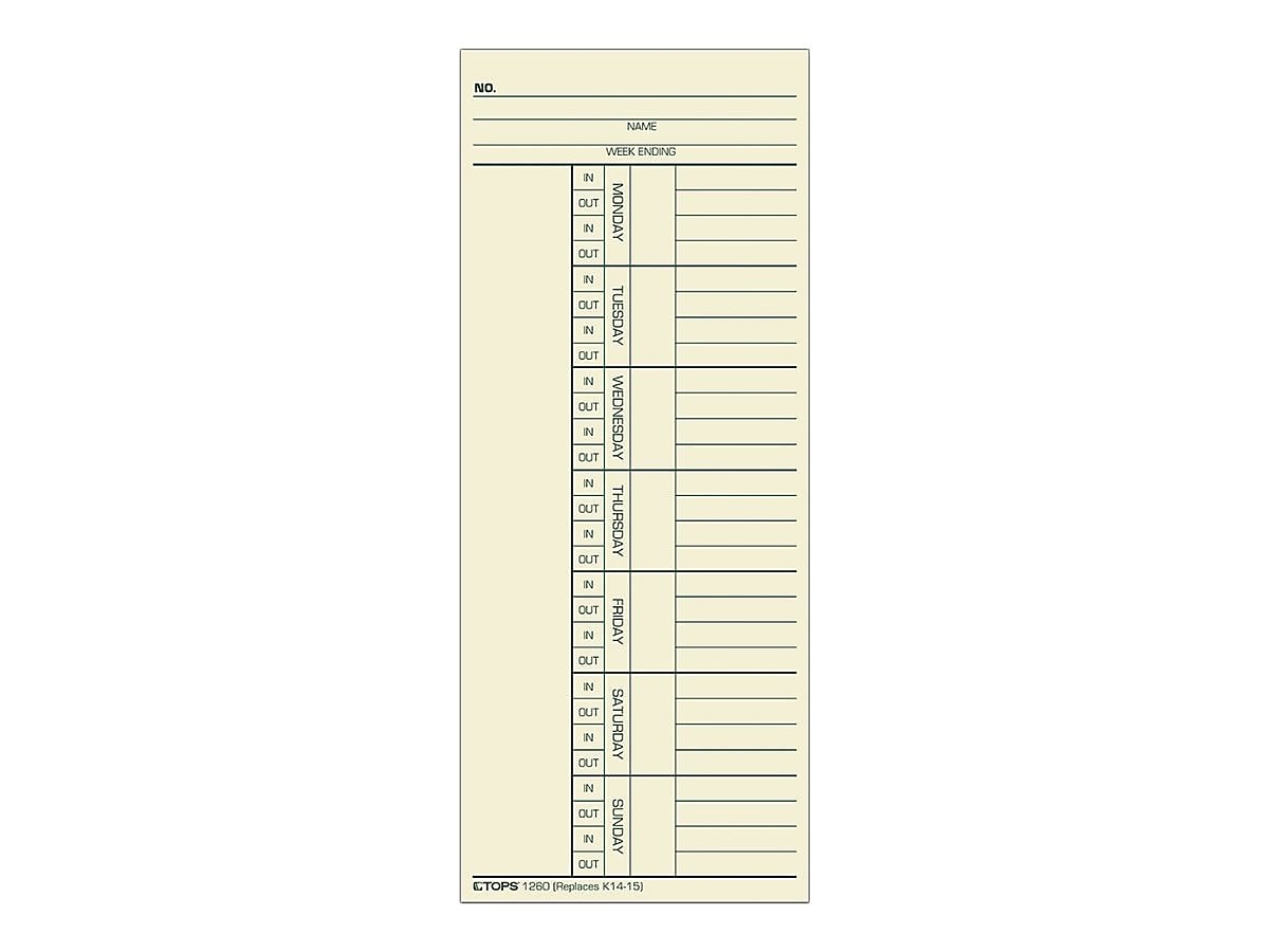 TOPS Time Cards for Acroprint 125, 150, 175, ES700, ES900, ESP180, Amano PIX, TCX Series Time Clock, 500/Box (1260)