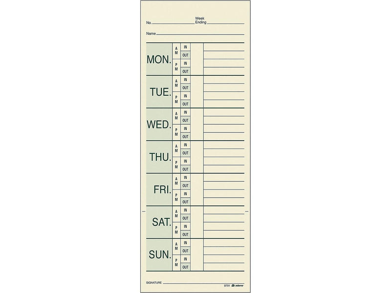 Adams Time Cards for Pyramid 1000 Time Clock, 200/Pack (9791-200)