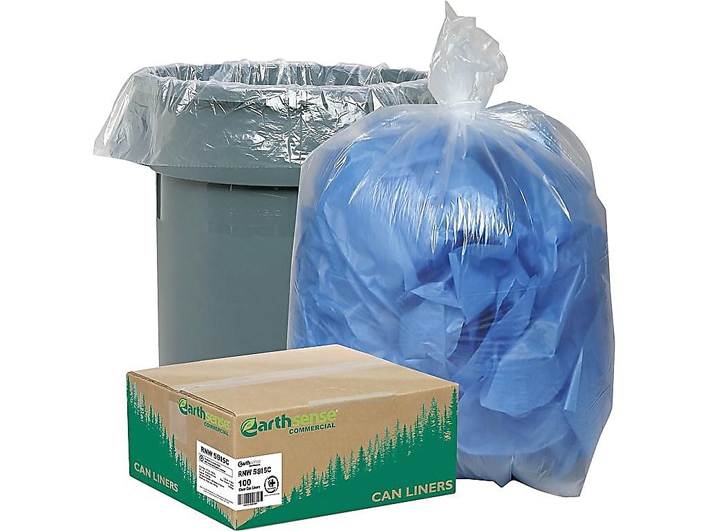 Earthsense Clear Recycled Can Liners, 55 Gallons, 1.5 mil, Clear, 38" x 58", 100 Bags/Box (RNW5815C)