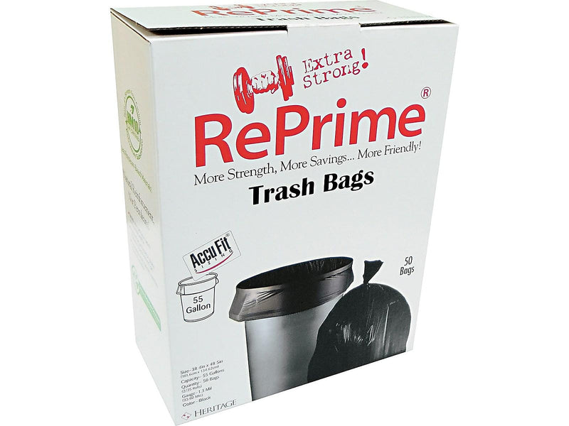 Heritage AccuFit 55 Gallon Industrial Trash Bag, 40" x 53", Low Density, 1.3 Mil, Black, 50 Bags/Box (H8053PK RC1)