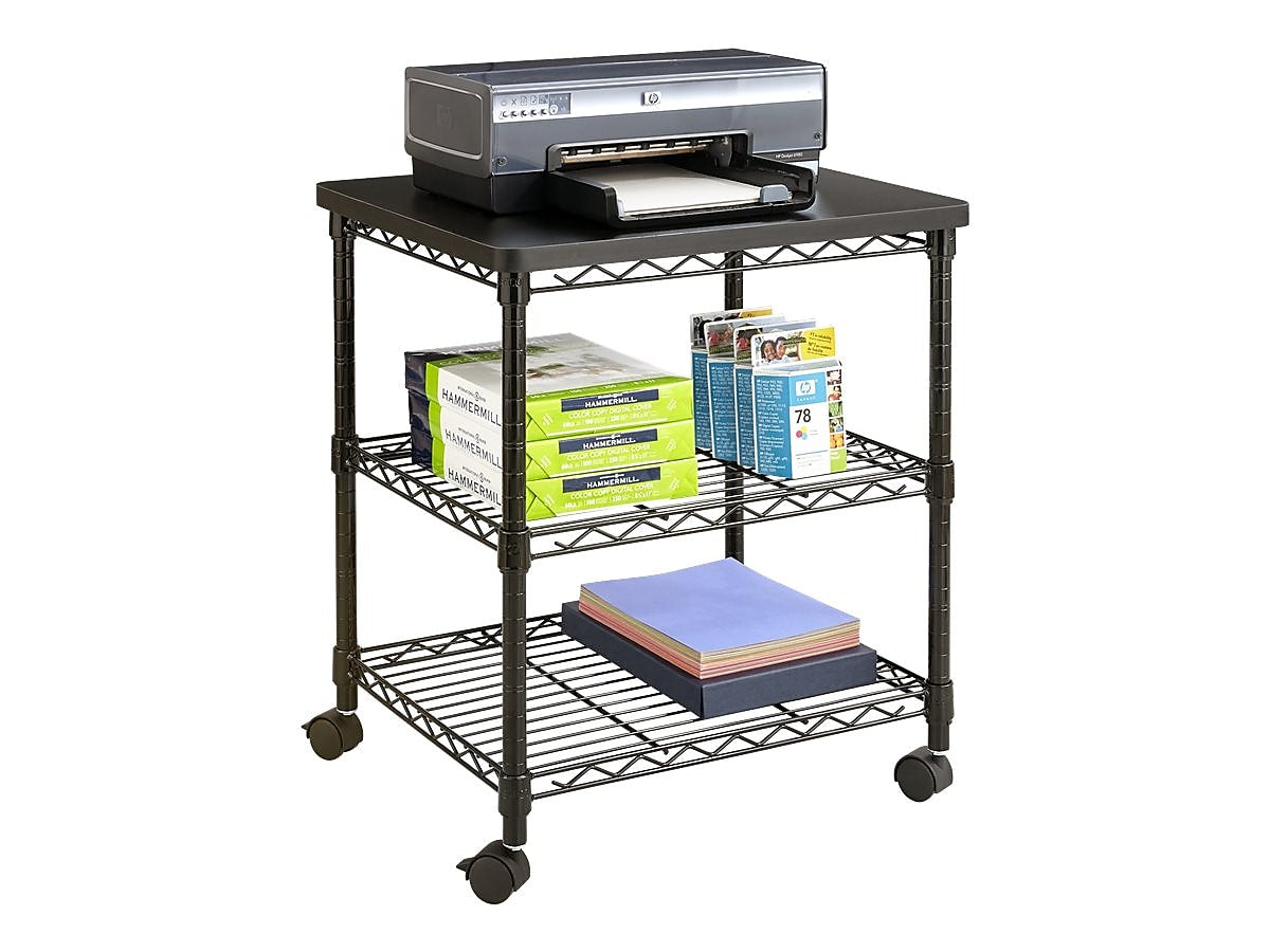 Safco Deskside 2-Shelf Metal Mobile Printer Stand with Lockable Wheels, Black (5207BL)
