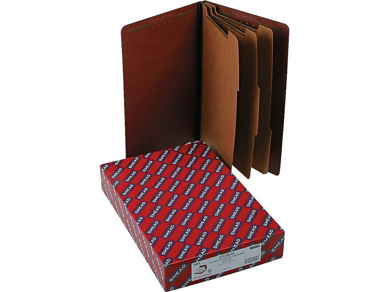Smead 60% Recycled Pressboard End-Tab Classification Folders , 3" Expansion, Legal Size, 3 Dividers, Red, 10/Box (29865)