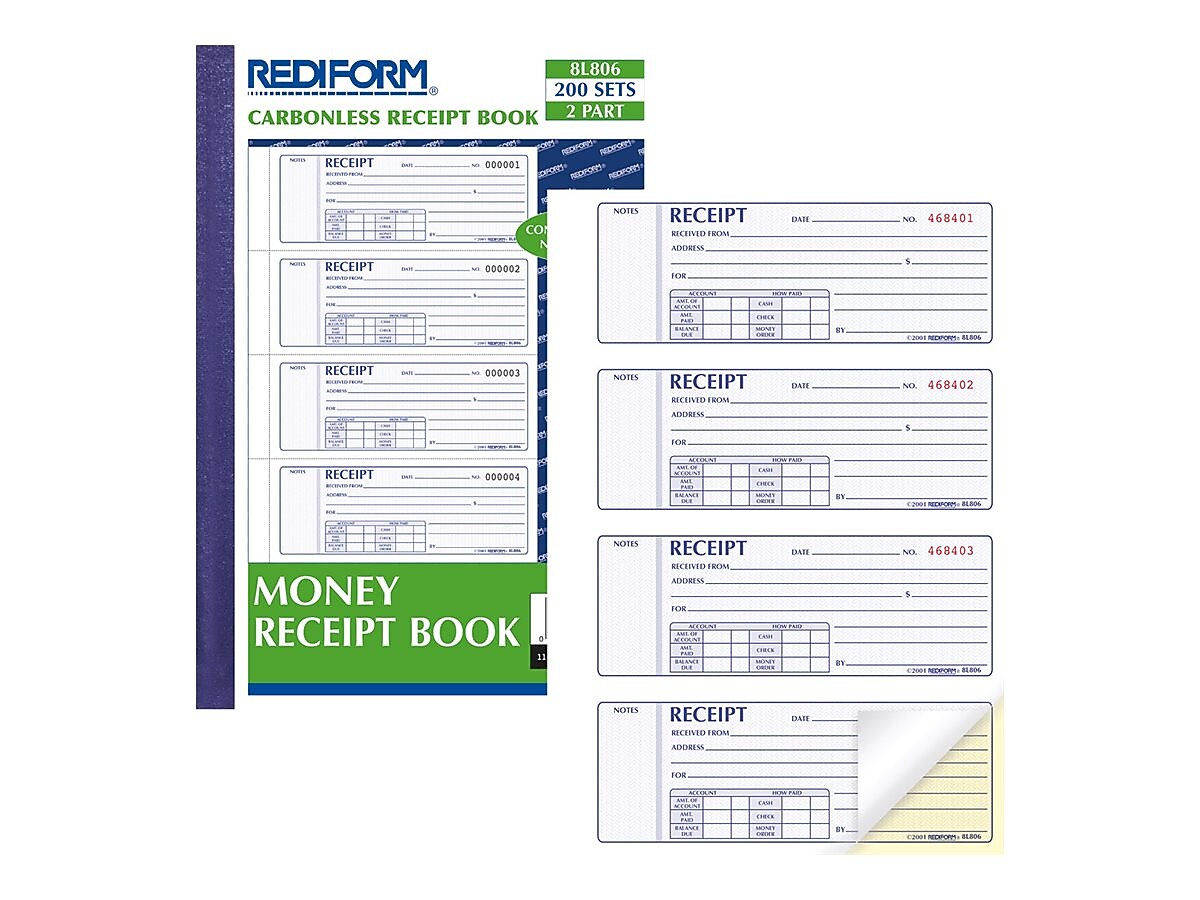 Rediform 2-Part Carbonless Money Receipt Book, 2.75" x 7", 200/Pack (8L806)
