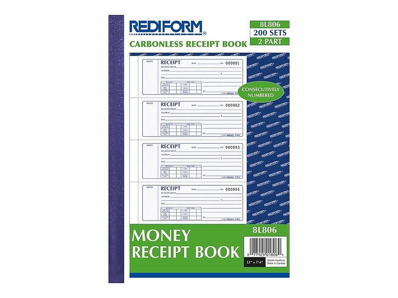 Rediform 2-Part Carbonless Money Receipt Book, 2.75" x 7", 200/Pack (8L806)
