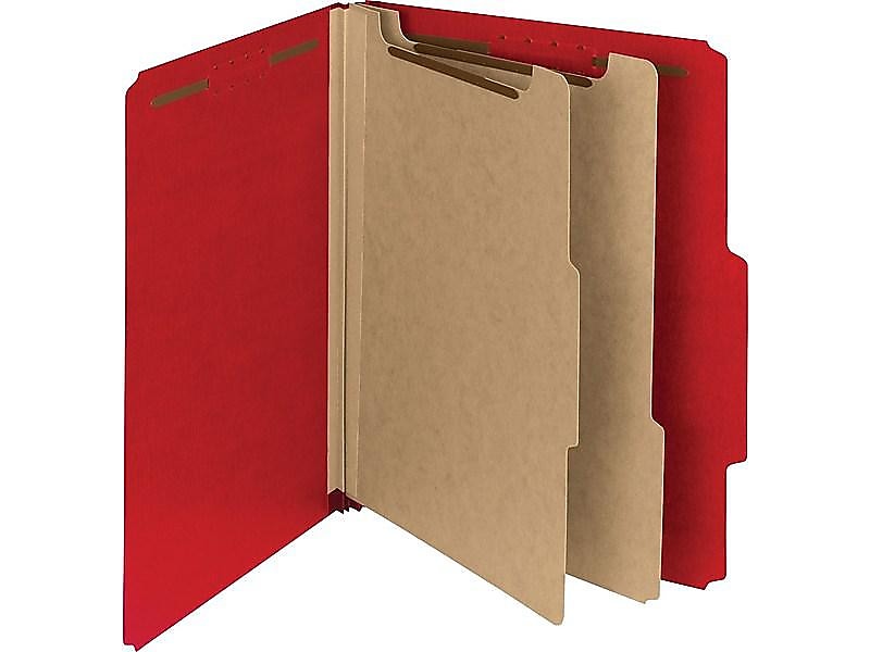 Smead 100% Recycled Heavy Duty Pressboard Classification Folder, 2-Dividers, 2" Expansion, Letter Size, Bright Red, 10/Box
