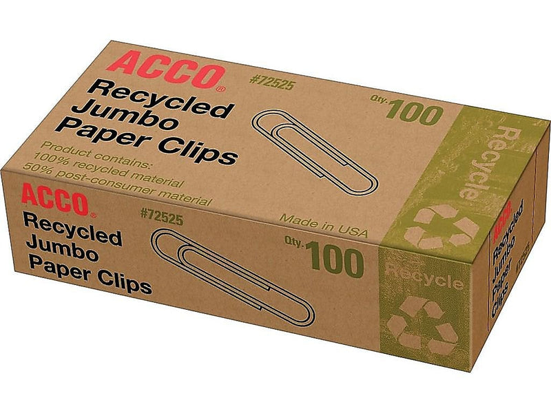 ACCO Recycled Paper Clips, Jumbo, Silver, 100/Box, 10 Boxes/Pack (A7072525)