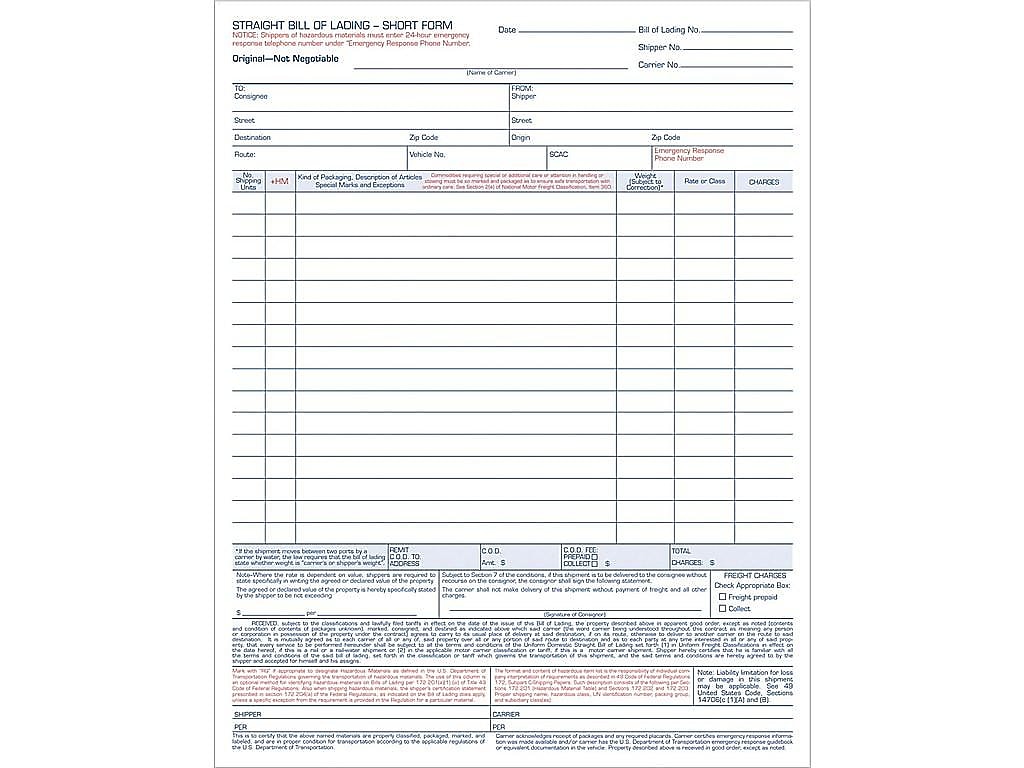 TOPS 3-Part Carbonless Bill of Lading, 11.44"L x 8.5"W, 50 Sets/Book (3846)