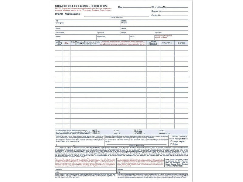 TOPS 3-Part Carbonless Bill of Lading, 11.44"L x 8.5"W, 50 Sets/Book (3846)