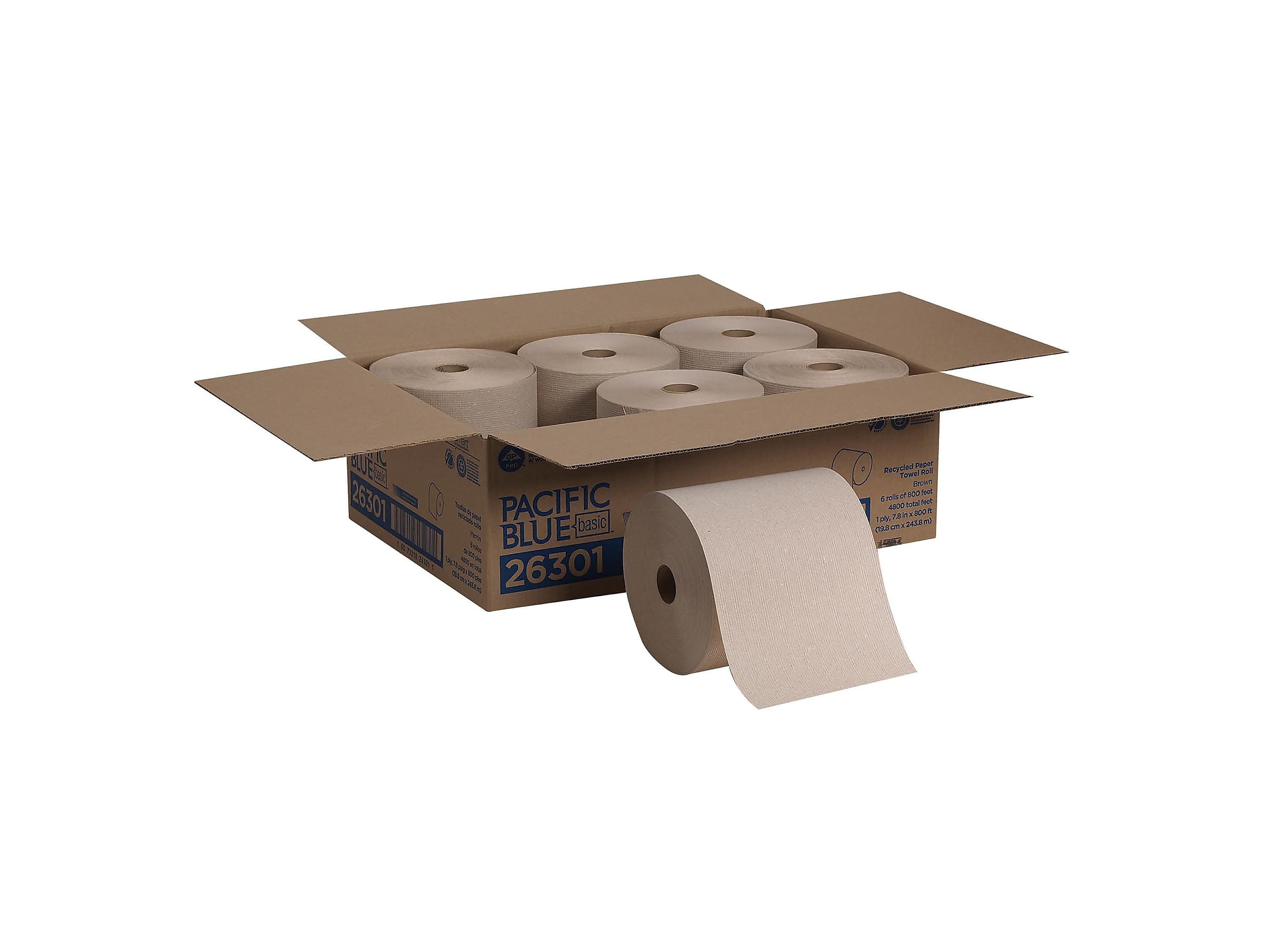 Pacific Blue Basic Recycled Hardwound Paper Towel, 1-Ply, Brown, 800'/Roll, 6 Rolls/Carton (26301)