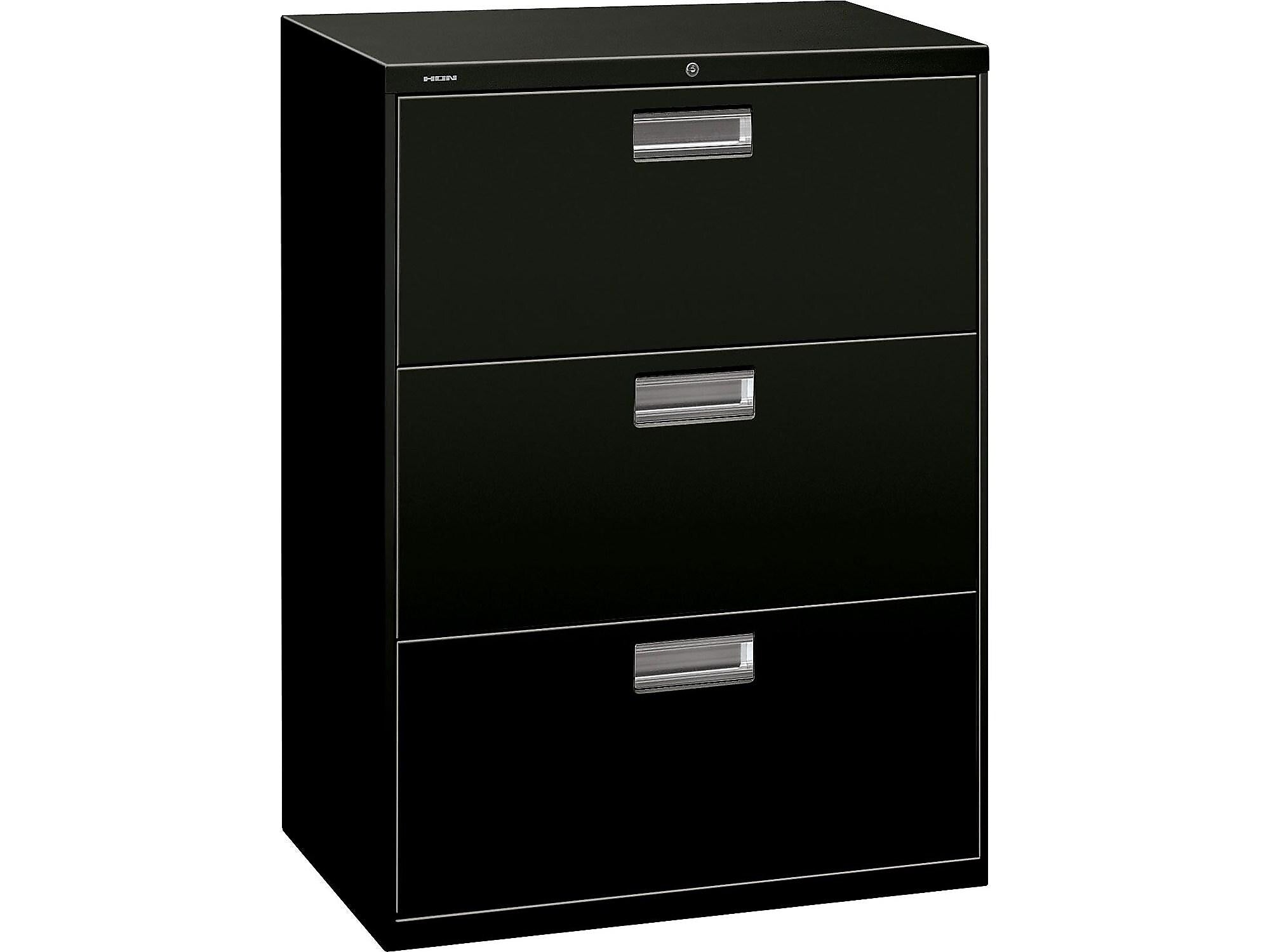 HON Brigade 600 Series 3-Drawer Lateral File Cabinet, Locking, Letter/Legal, Black, 30"W (H673.L.P)