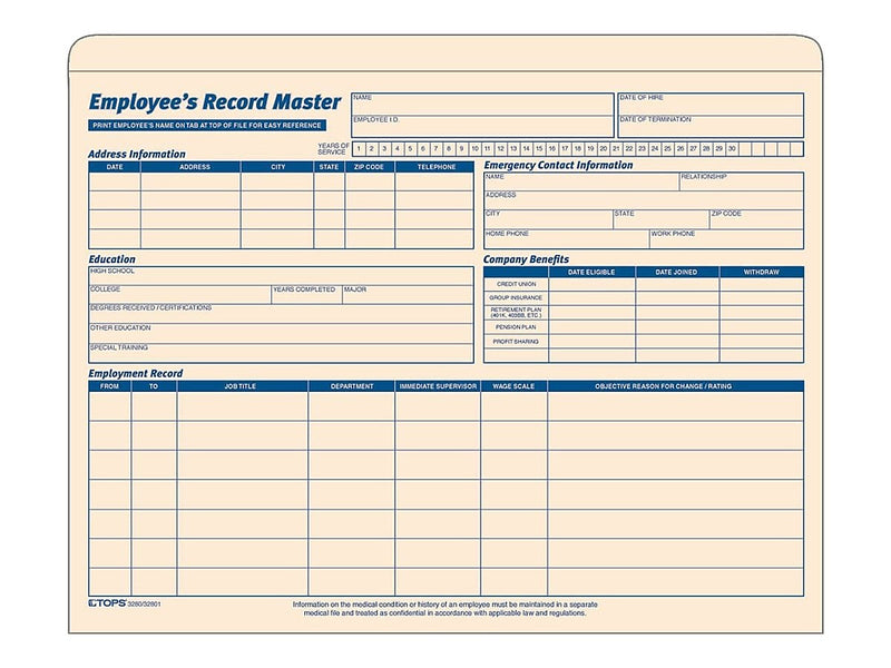 TOPS Employee Record Master File, 20/Pack (TOP 3280)