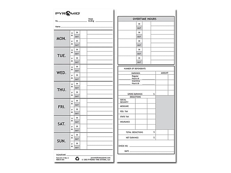 Pyramid Time Cards 1000/2000 Time Clock, 100/Pack (331-11)