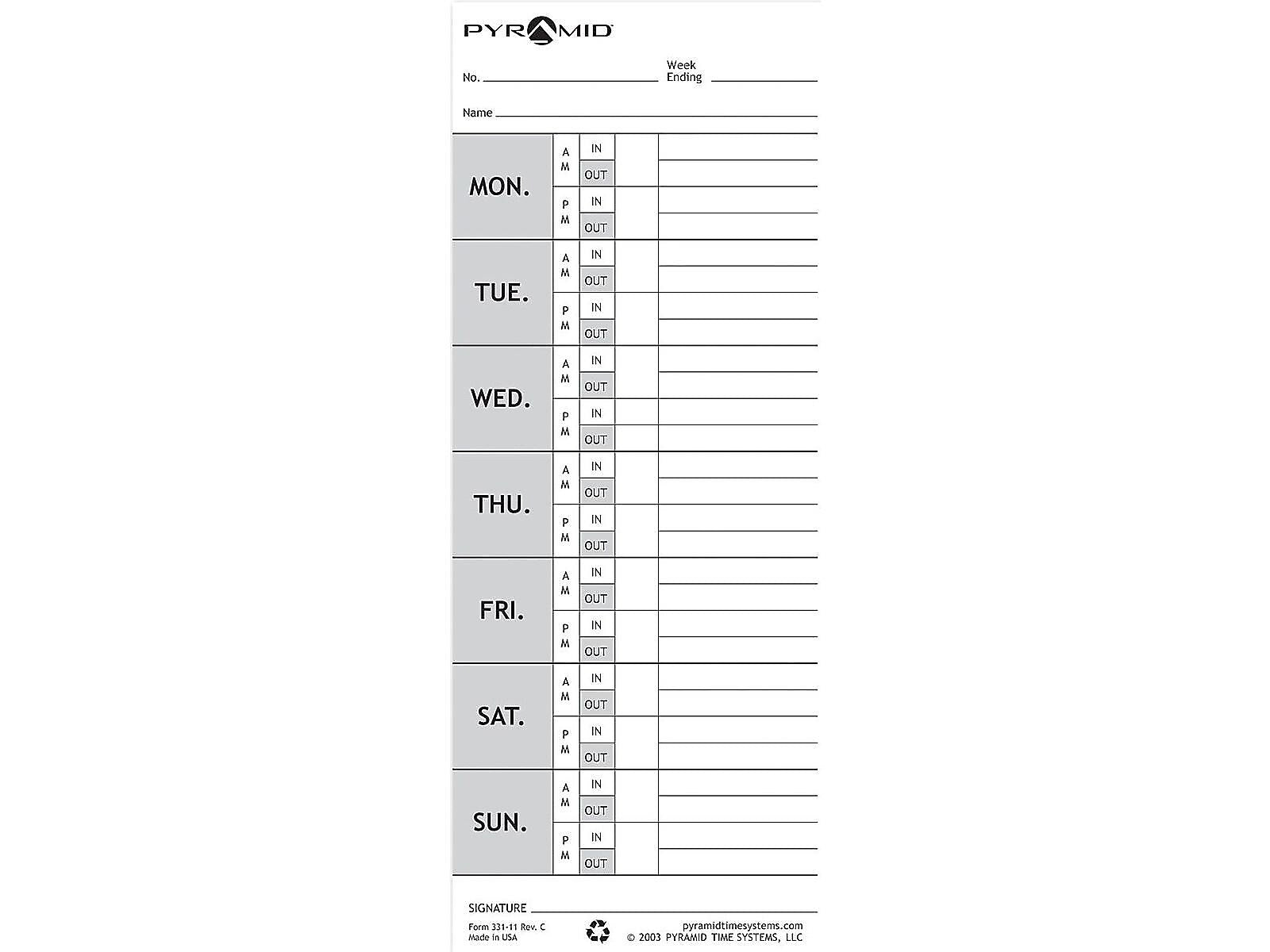 Pyramid Time Cards 1000/2000 Time Clock, 100/Pack (331-11)