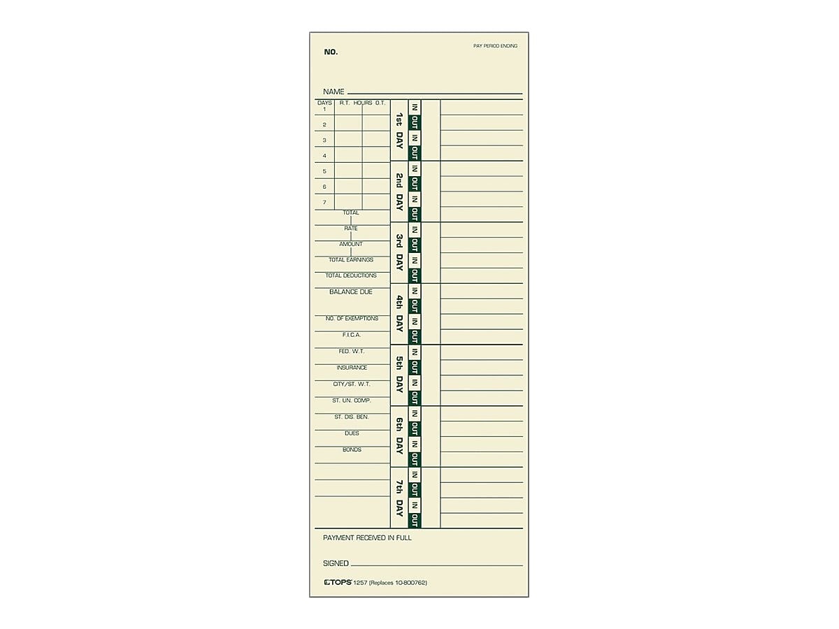 TOPS Time Cards for Acroprint 125, 150, 175, ES700, ES900, ESP180, Amano PIX/TCX, Lathem 900E, 1200, 500/Box (TOP 1257)