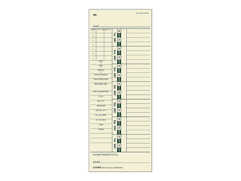 TOPS Time Cards for Acroprint 125, 150, 175, ES700, ES900, ESP180, Amano PIX/TCX, Lathem 900E, 1200, 500/Box (TOP 1257)