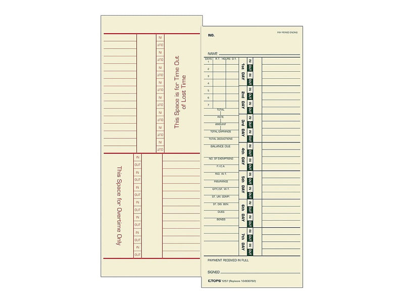 TOPS Time Cards for Acroprint 125, 150, 175, ES700, ES900, ESP180, Amano PIX/TCX, Lathem 900E, 1200, 500/Box (TOP 1257)