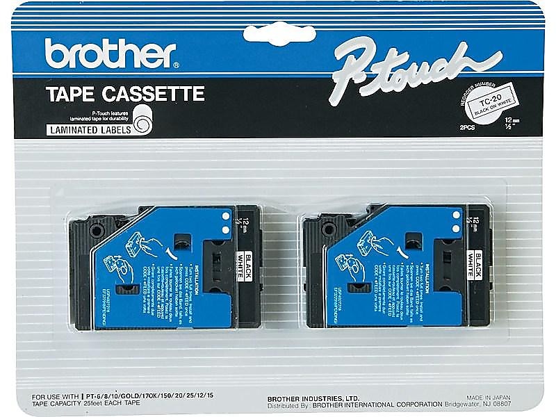 Brother P-touch TC-20Z1 Laminated Label Maker Tape, 3/8" x 25-2/10', Black on White (TC-20Z1)