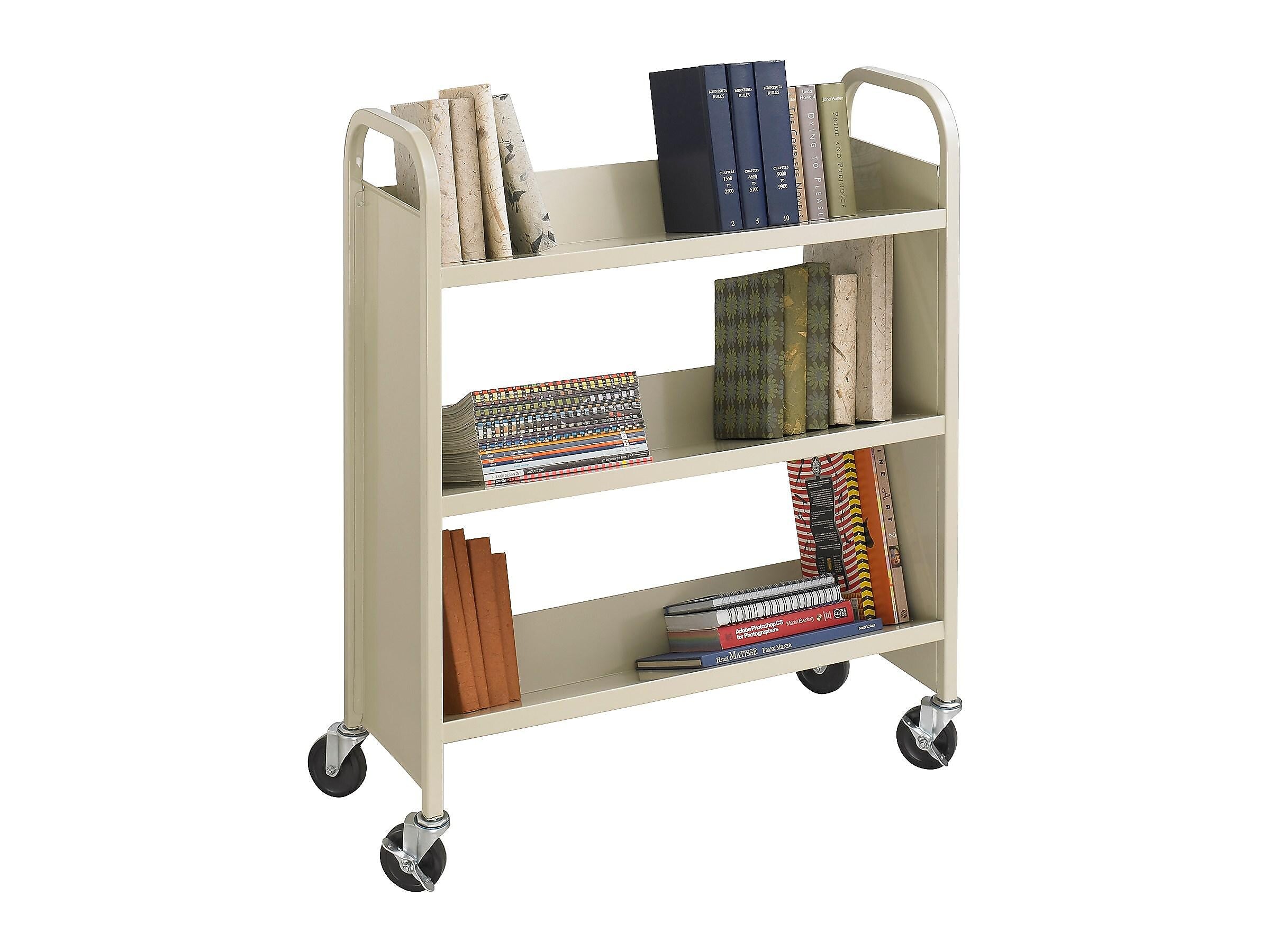 Safco 3-Shelf Metal Mobile Book Cart with Steel Swivel Wheels, Sand (5358SA)