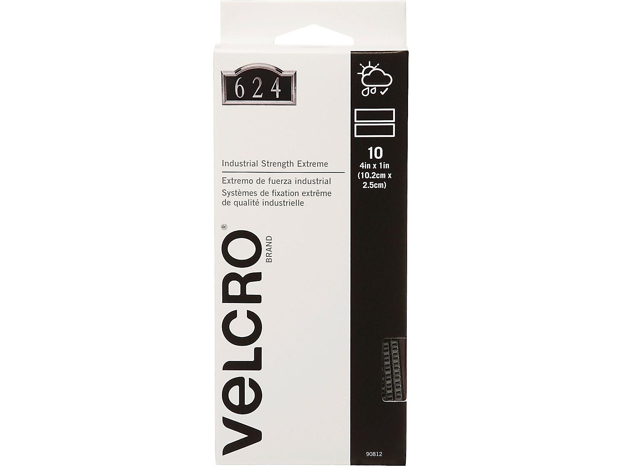 Velcro Brand Industrial Strength Extreme 1" x 4" Hook & Loop Fastener Strips, Titanium, 10/Pack (90812)