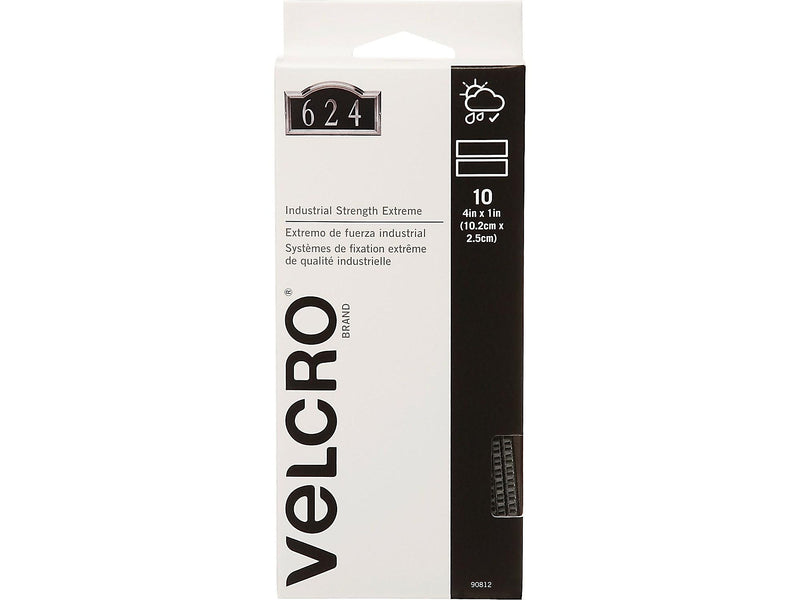 Velcro Brand Industrial Strength Extreme 1" x 4" Hook & Loop Fastener Strips, Titanium, 10/Pack (90812)