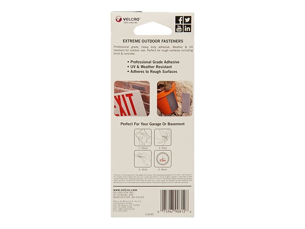 Velcro Brand Industrial Strength Extreme 1" x 4" Hook & Loop Fastener Strips, Titanium, 10/Pack (90812)