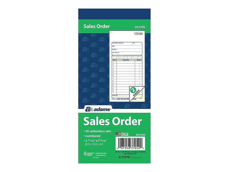 Adams 2-Part Carbonless Sales Orders, 7.19"L x 3.34"W, 50 Sets/Book (DC3705)