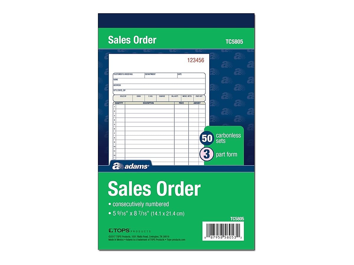 Adams 3-Part Carbonless Sales Orders, 8.44"L x 5.56"W, 50 Sets/Book (TC5805)