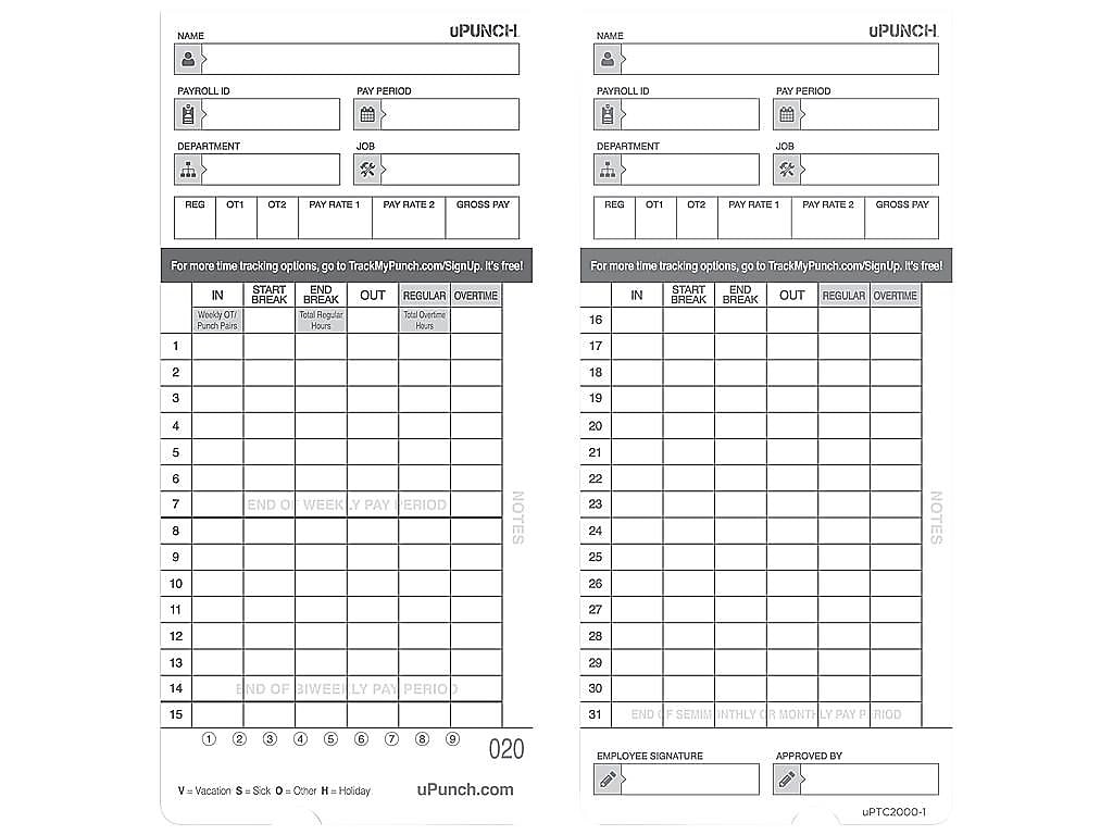 uPunch Time Card for HN4000 Time Clock, 100/Pack (HNTCL2100)