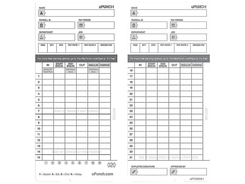 uPunch Time Card for HN4000 Time Clock, 100/Pack (HNTCL2100)