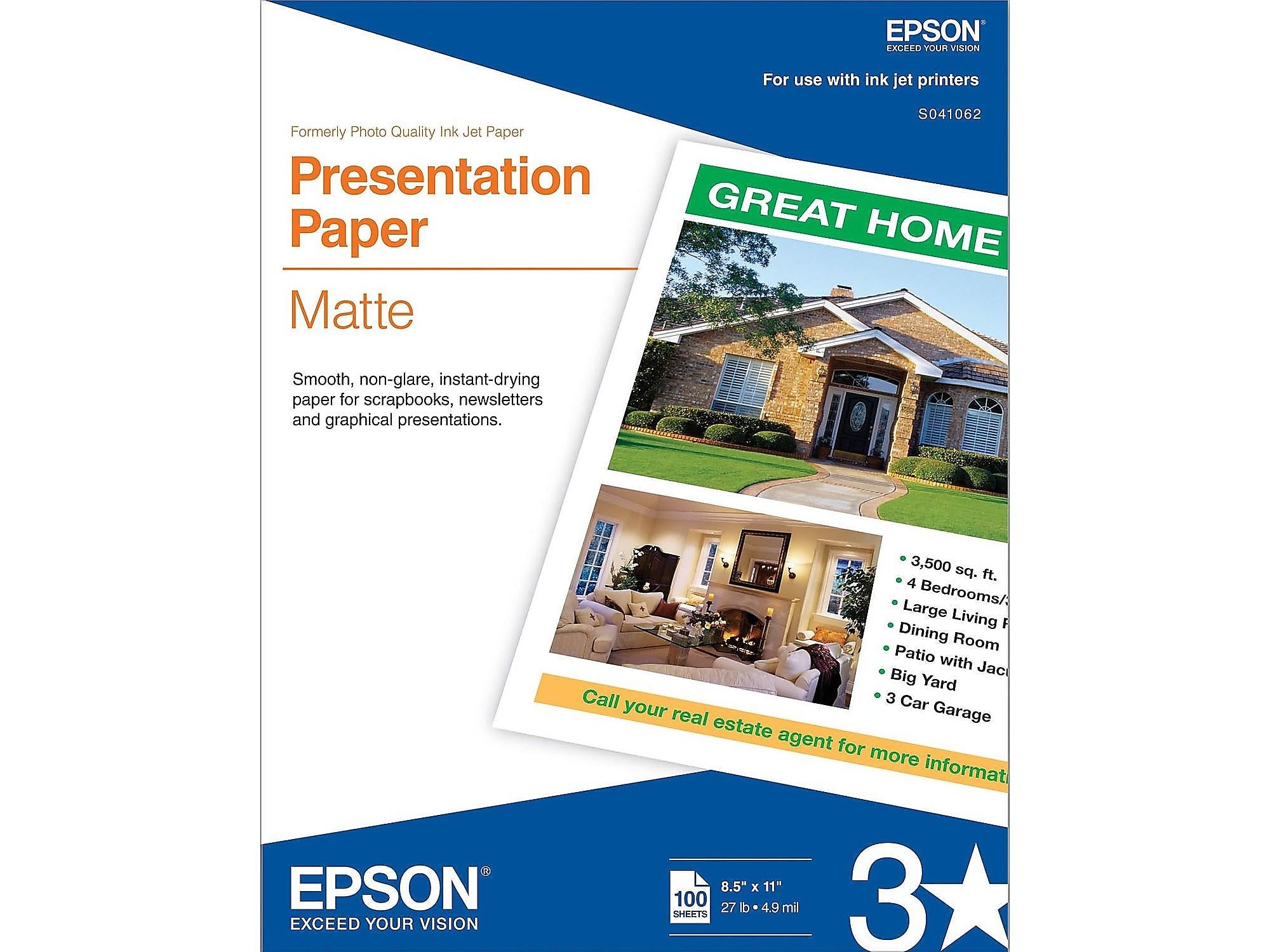 Epson Matte Presentation Paper, 8.5" x 11", 100 Sheets/Pack (S041062)