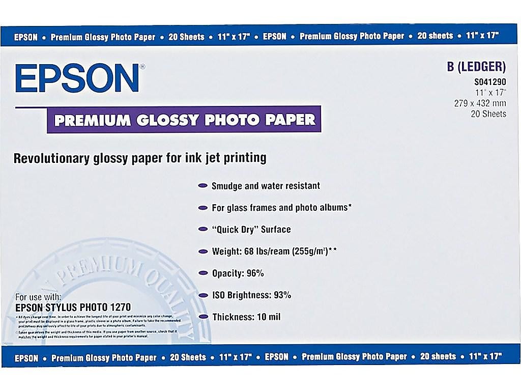 Epson Premium Glossy Photo Paper, 11" x 17", 20 Sheets/Pack (EPSS041290)