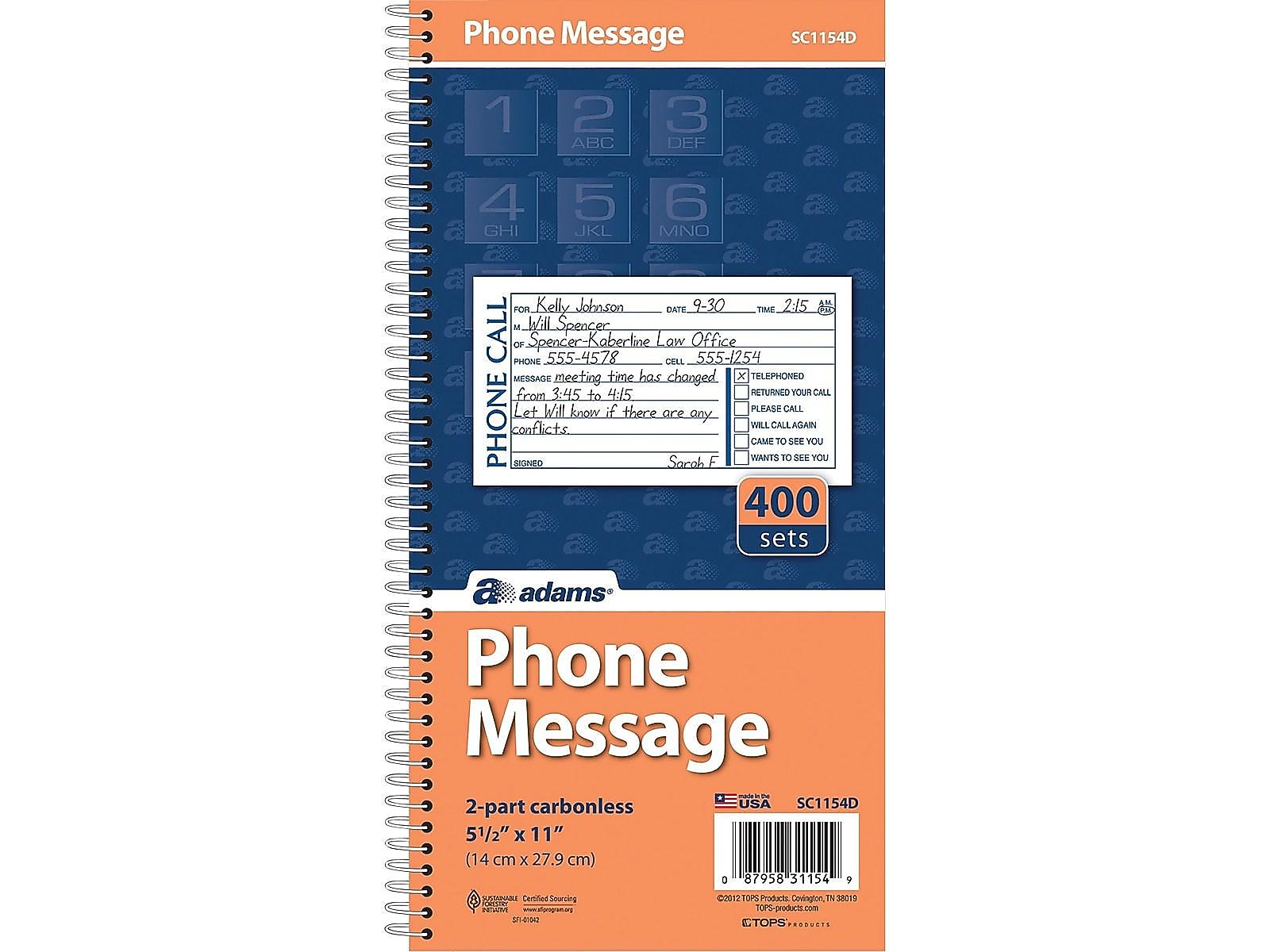 Adams Phone Message Pad, 5.5" x 11", Ruled, White/Canary, 100 Sheets/Pad (SC1154D)