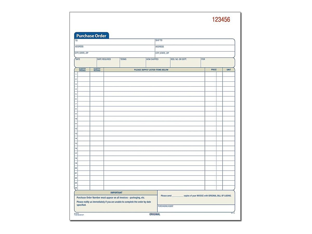 Adams 3-Part Carbonless Purchase Order, 10.69"L x 8.38"W, 50 Sets/Book (TC8131)