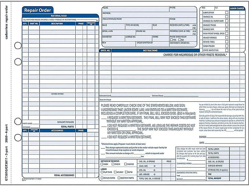 Adams 3-Part Carbonless Auto Repairs, 11.44"L x 8.5"W, 50 Sets/Book (GT3810)