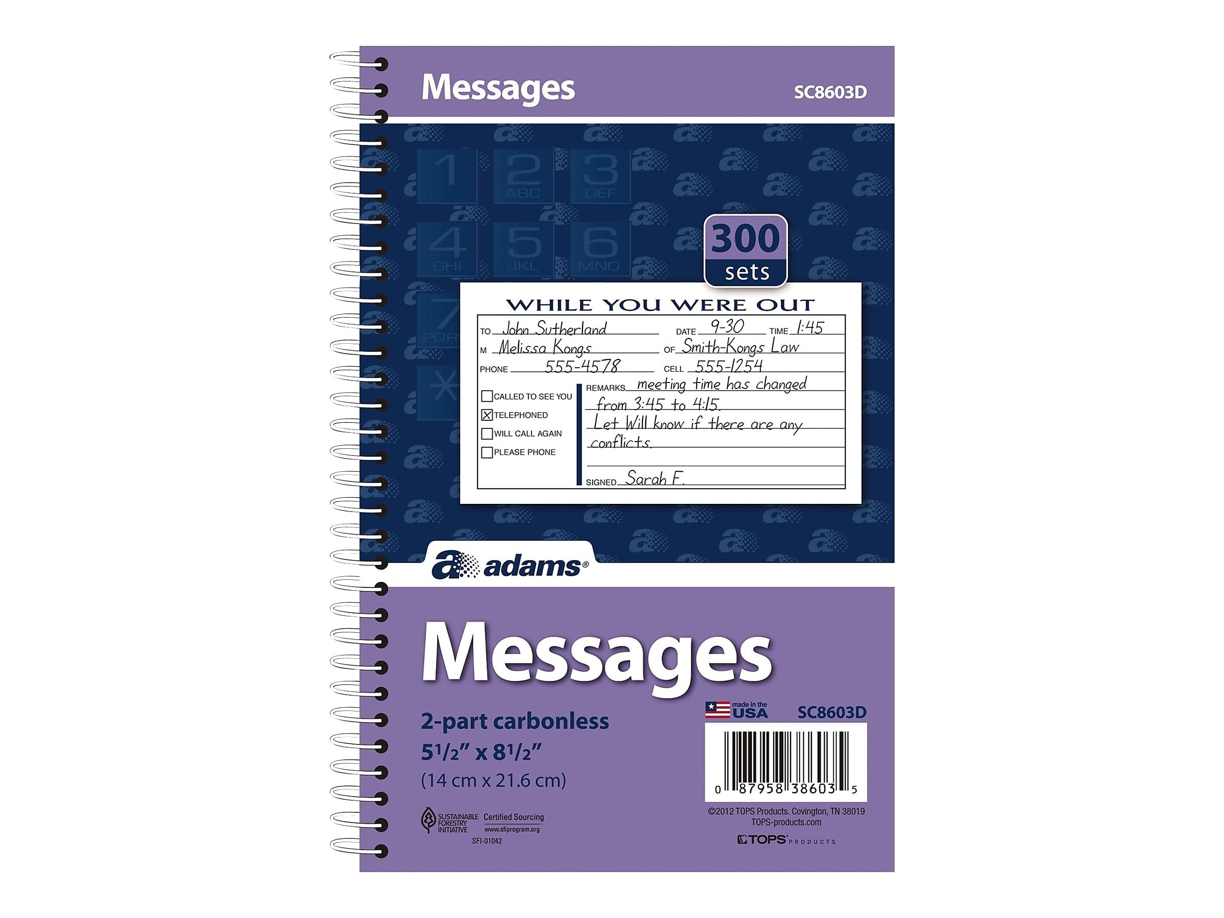 Adams Phone Message Pad, 5.5" x 8.5", Ruled, White, 100 Sheets/Pad (SC8603D)