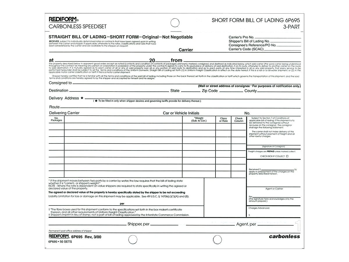 Rediform Speediset Polypacks 3-Part Carbonless Bill of Lading, 7"L x 8.5"W, 50 Sets/Book (RED6P695)