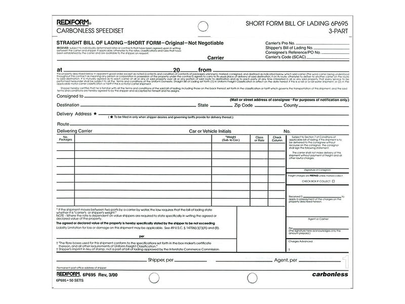 Rediform Speediset Polypacks 3-Part Carbonless Bill of Lading, 7"L x 8.5"W, 50 Sets/Book (RED6P695)
