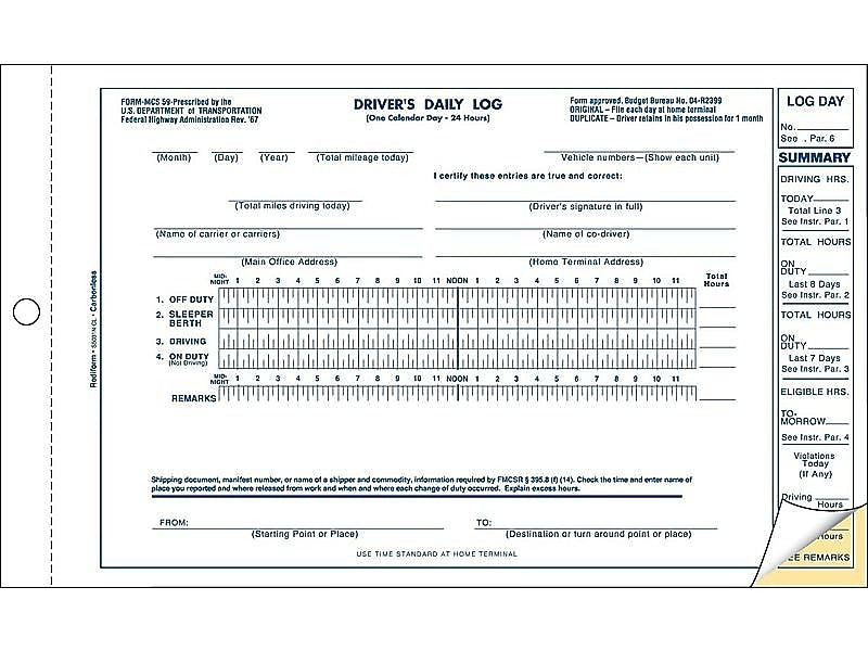Rediform 2-Part Carbonless Driver's Daily Logs, 9.13"L x 5.5"W, 31 Sets/Book (REDS5031NCL)