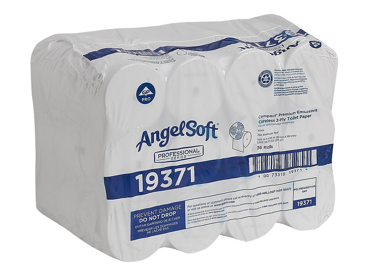 Angel Soft Professional Series Compact Recycled Coreless Toilet Paper, 2-Ply, White, 750 Sheets/Roll, 36 Rolls/Carton (19371)