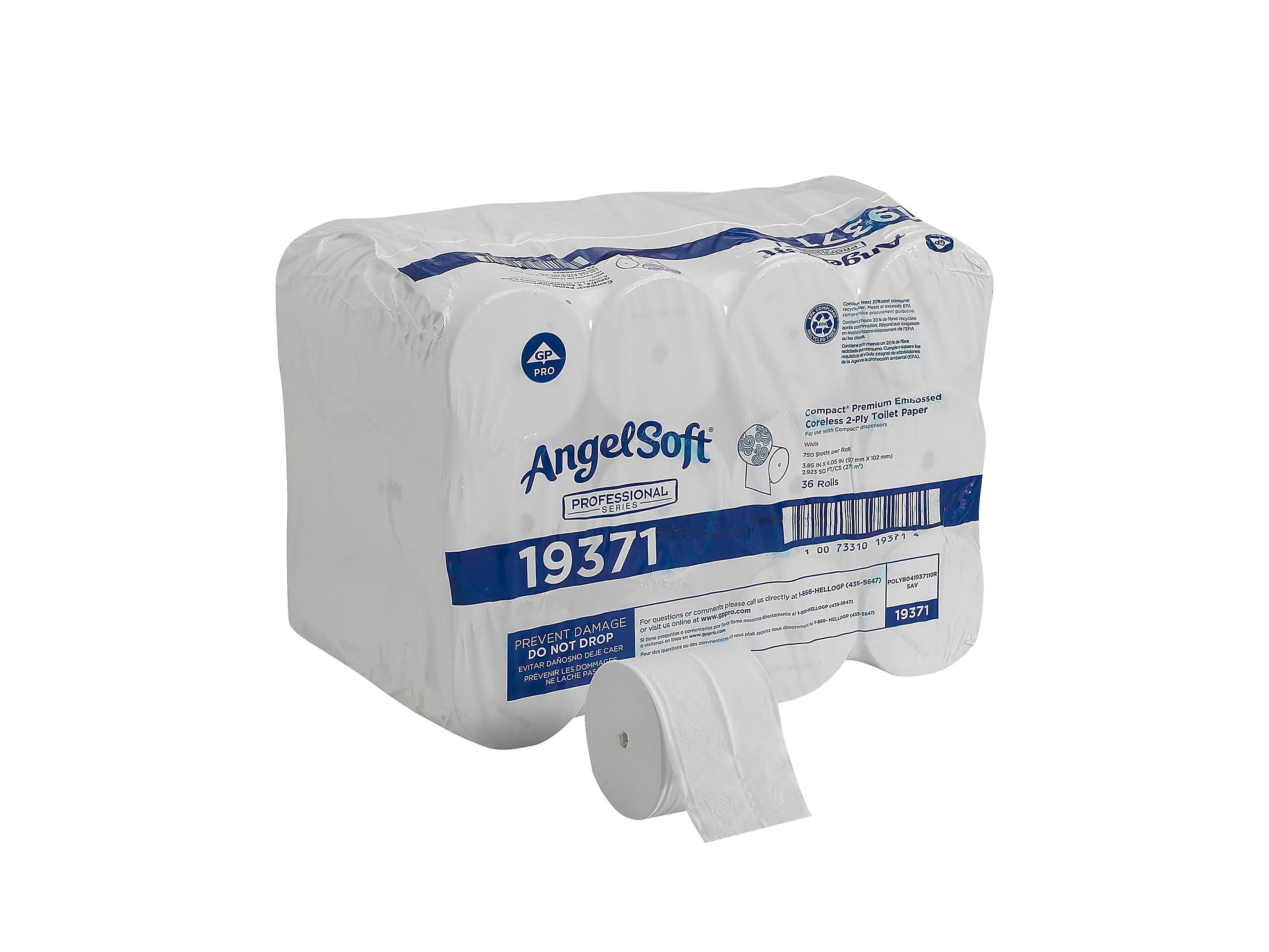 Angel Soft Professional Series Compact Recycled Coreless Toilet Paper, 2-Ply, White, 750 Sheets/Roll, 36 Rolls/Carton (19371)