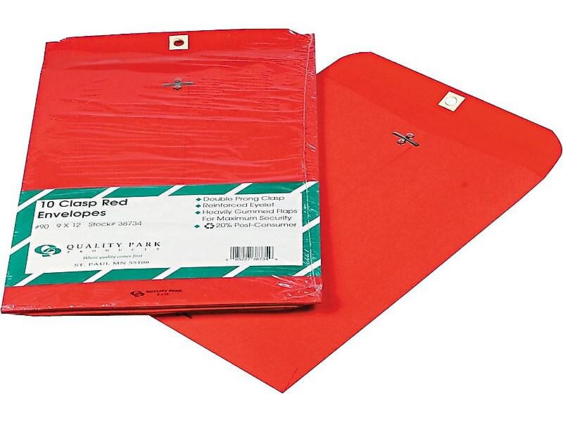 Quality Park Clasp & Moistenable Catalog Envelopes, 9" x 12", Red, 10/Pack (QUA38734)