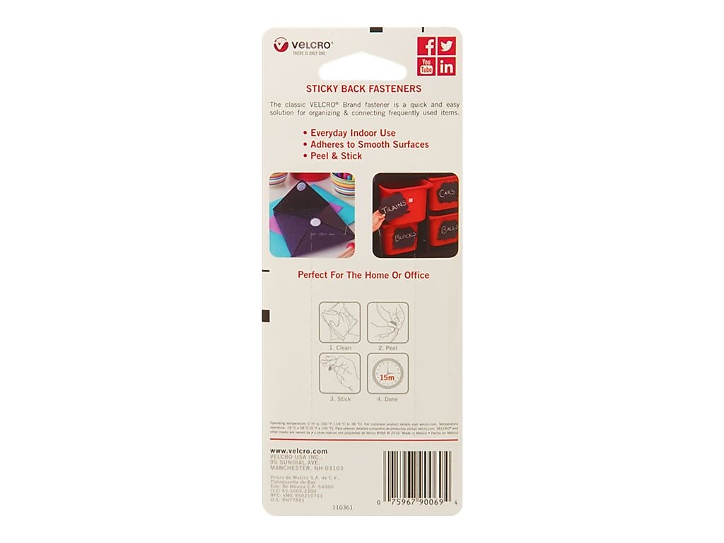 Velcro 0.63"Dia. Sticky Back Hook & Loop Fasteners, Black, 15/Pack (90069)