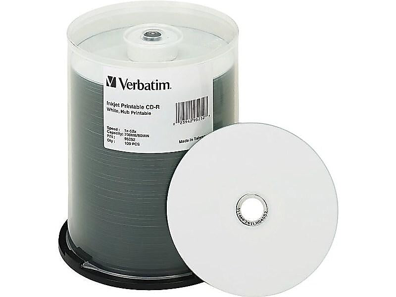Verbatim 95252 52x CD-R, White lnkjet Printable, Hub Printable, 100/Pack