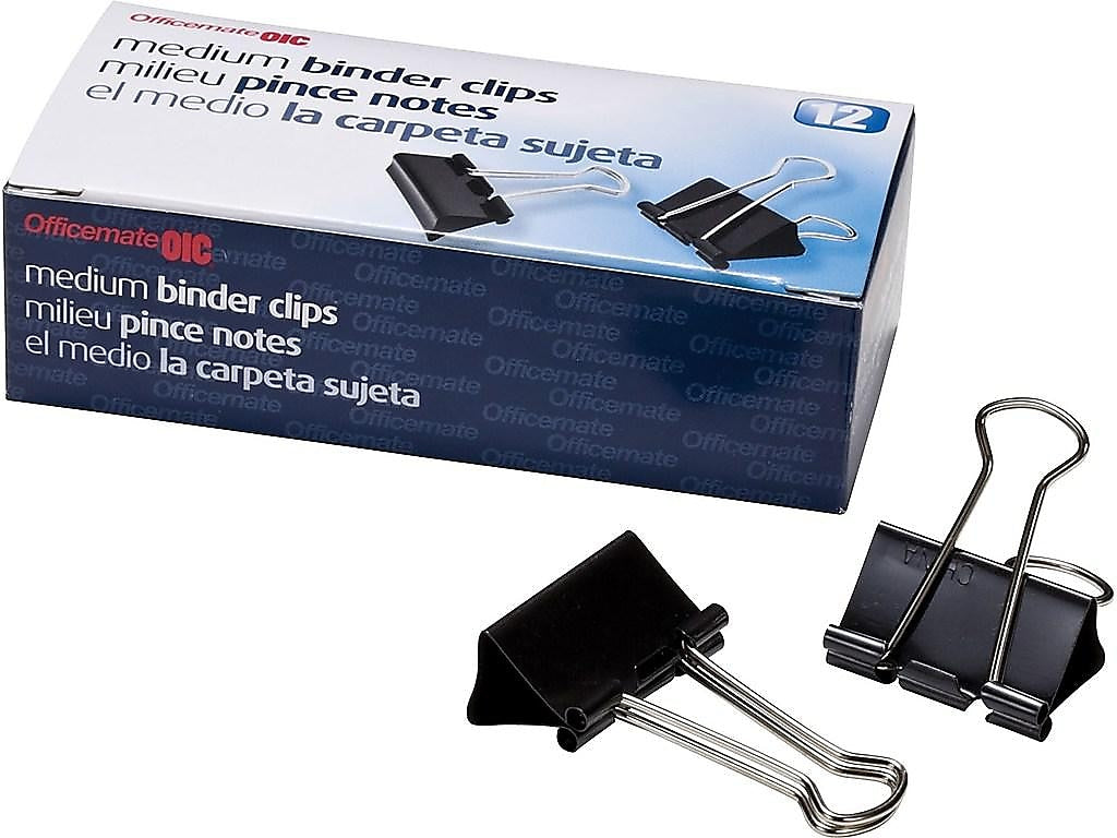 Officemate Medium Binder Clips, 0.62" Capacity, Black, 12 Clips/Box (OIC99050)