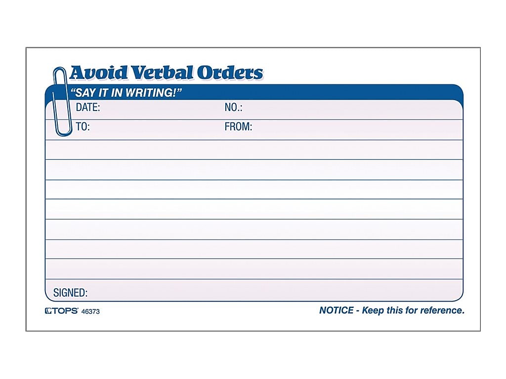 TOPS 2-Part Carbonless Work Orders, 4.25"L x 7"W, 50 Sets/Book (46373)