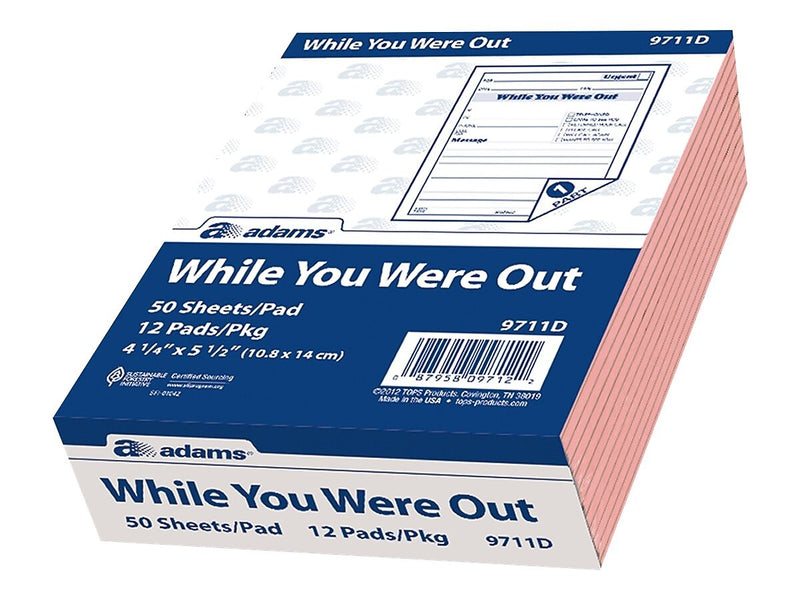 Adams While You Were Out Message Pads, 4.25" x 5.5", Pink, 50 Sheets/Pad, 12 Pads/Pack (9711D)