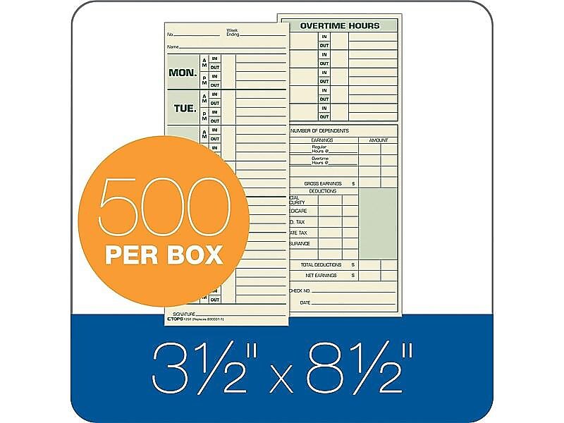 TOPS Time Cards for Pyramid 1000 Time Clock, 500/Box (TOP 1291)